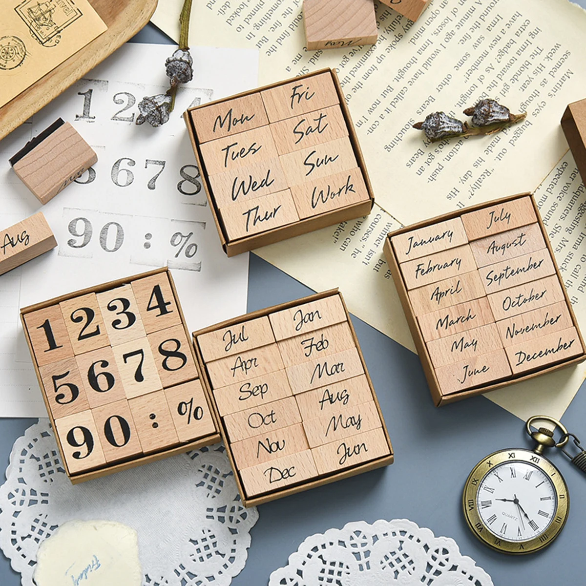 Rubber Date Stamp - 나무 고무 날짜 스탬프, 12개월 요일